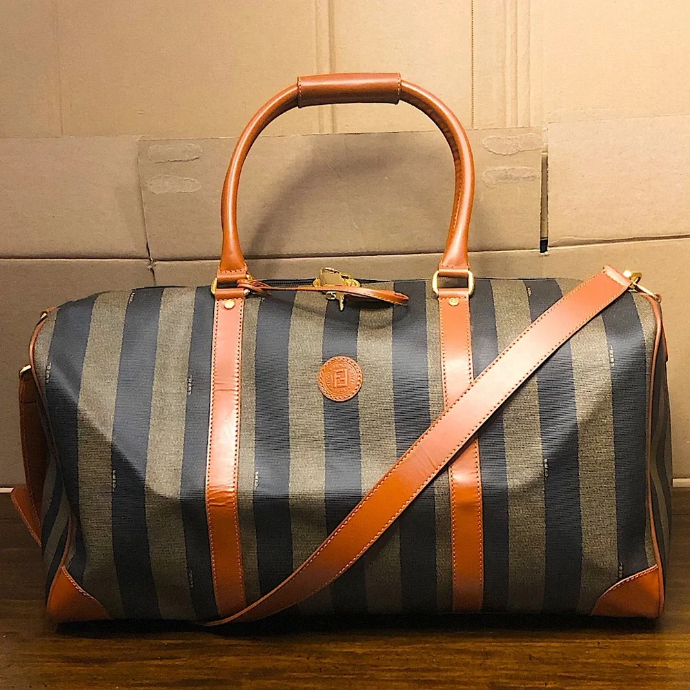 FENDI Pequin Pecan Striped Bandolier Boston Travel Bag w FENDI Shoulder Strap